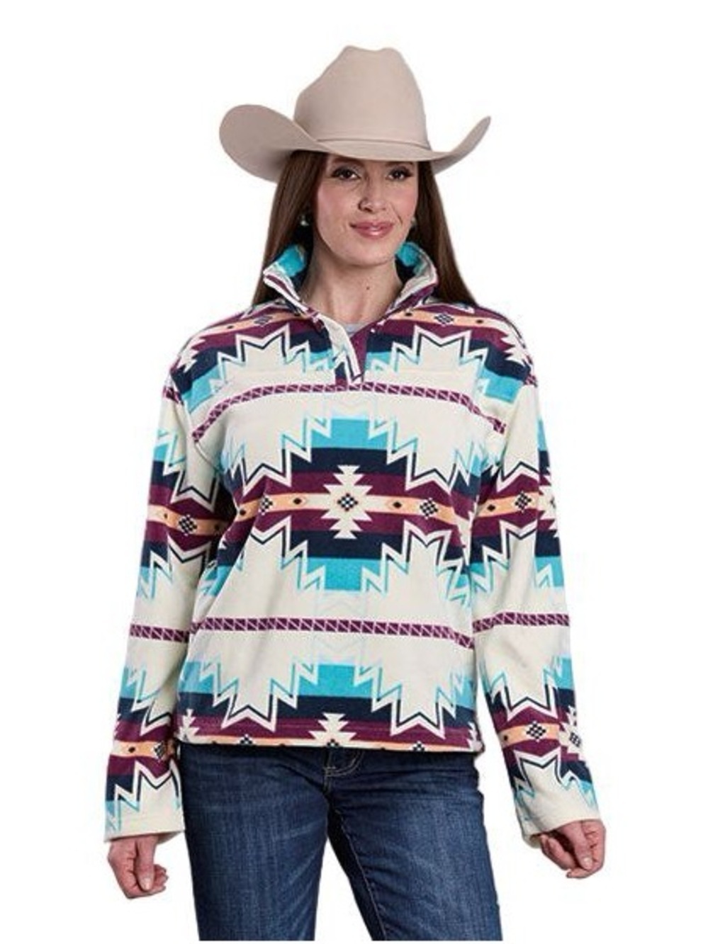 Roper Fleece Pullover Jacket Teal and Plum Aztec Accents 1/4 Snap Size Medium